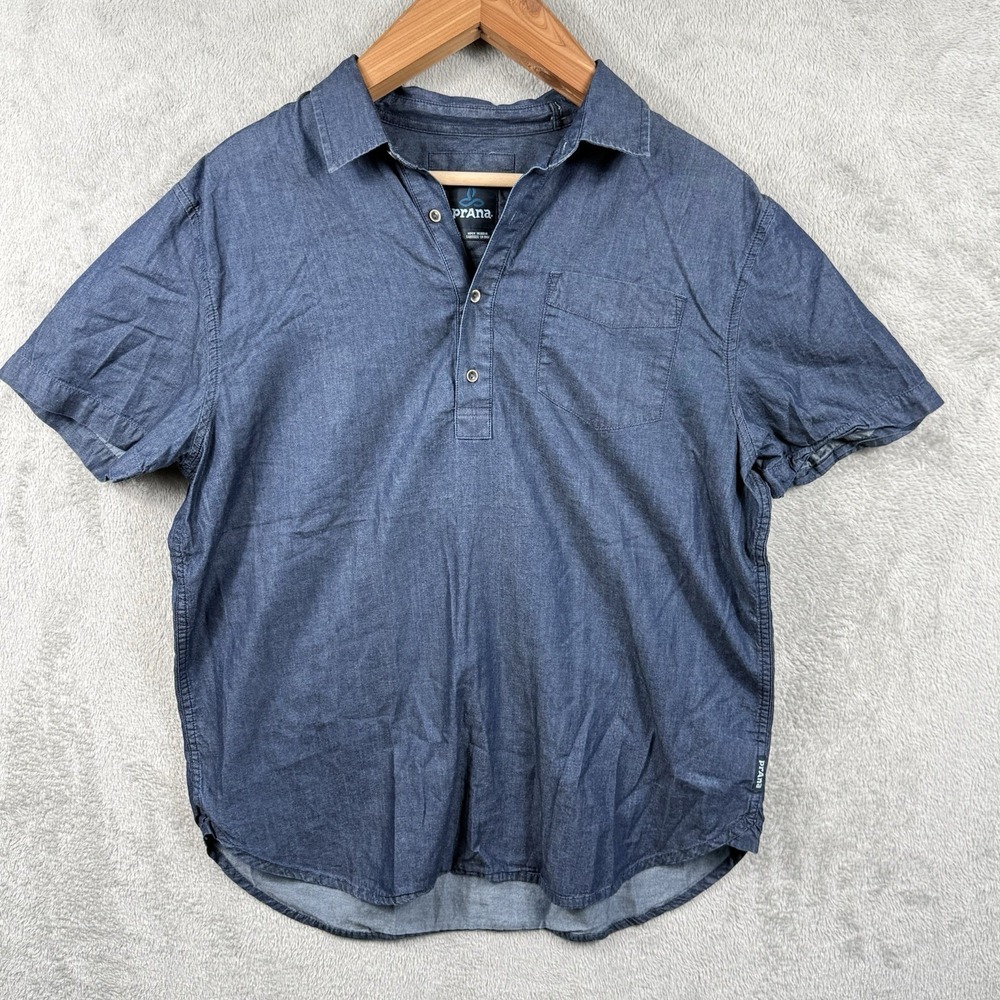 Prana Henley Chambray Button Shirt Mens L Blue Organic Outdoor Short Sleeve